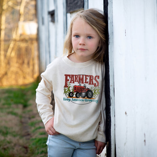 "Farmers keep America growing" Beige Toddler/Youth Long Sleeve shirt, Red tractor