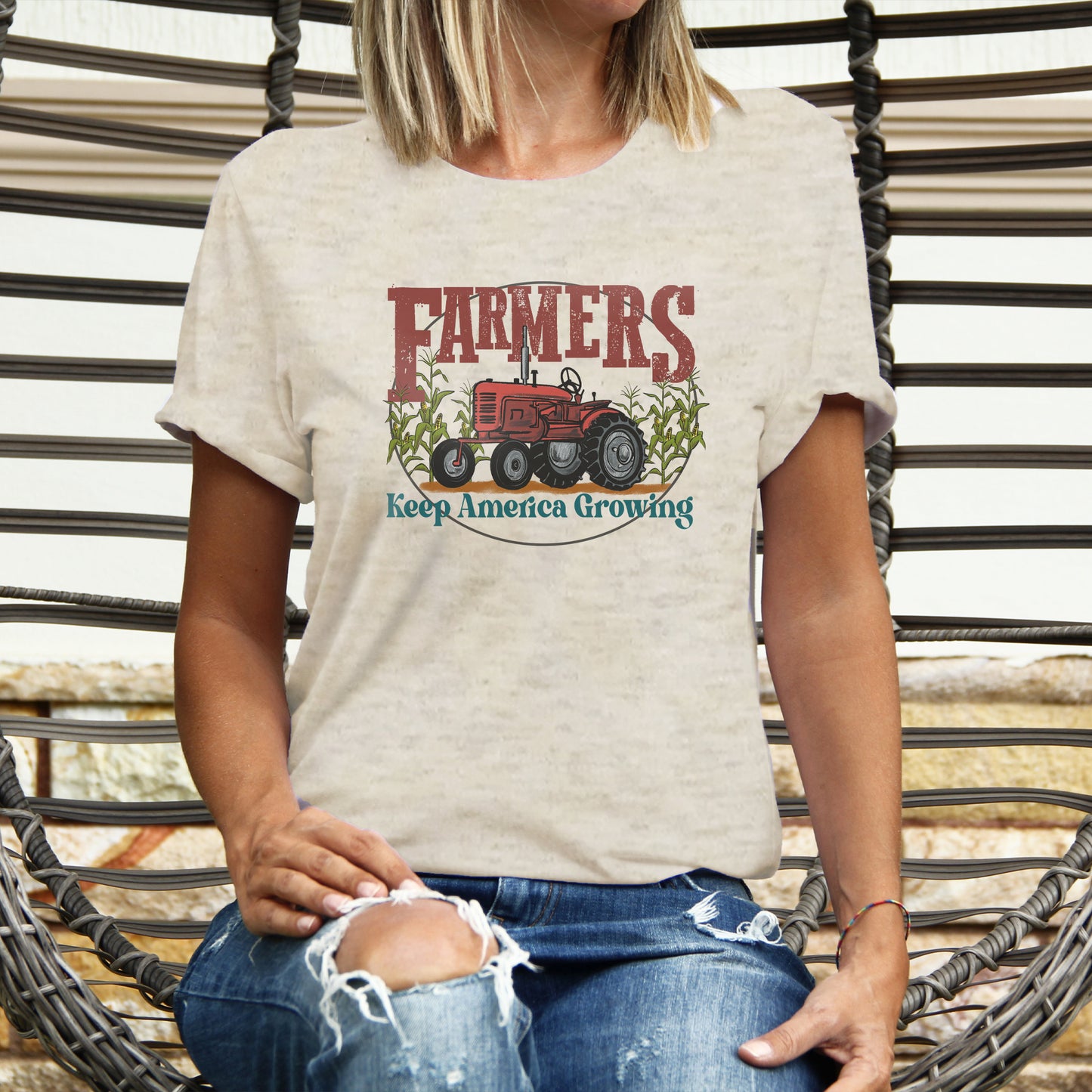 ADULT "Farmers Keep America Growing" Beige T-shirt with Red Tractor