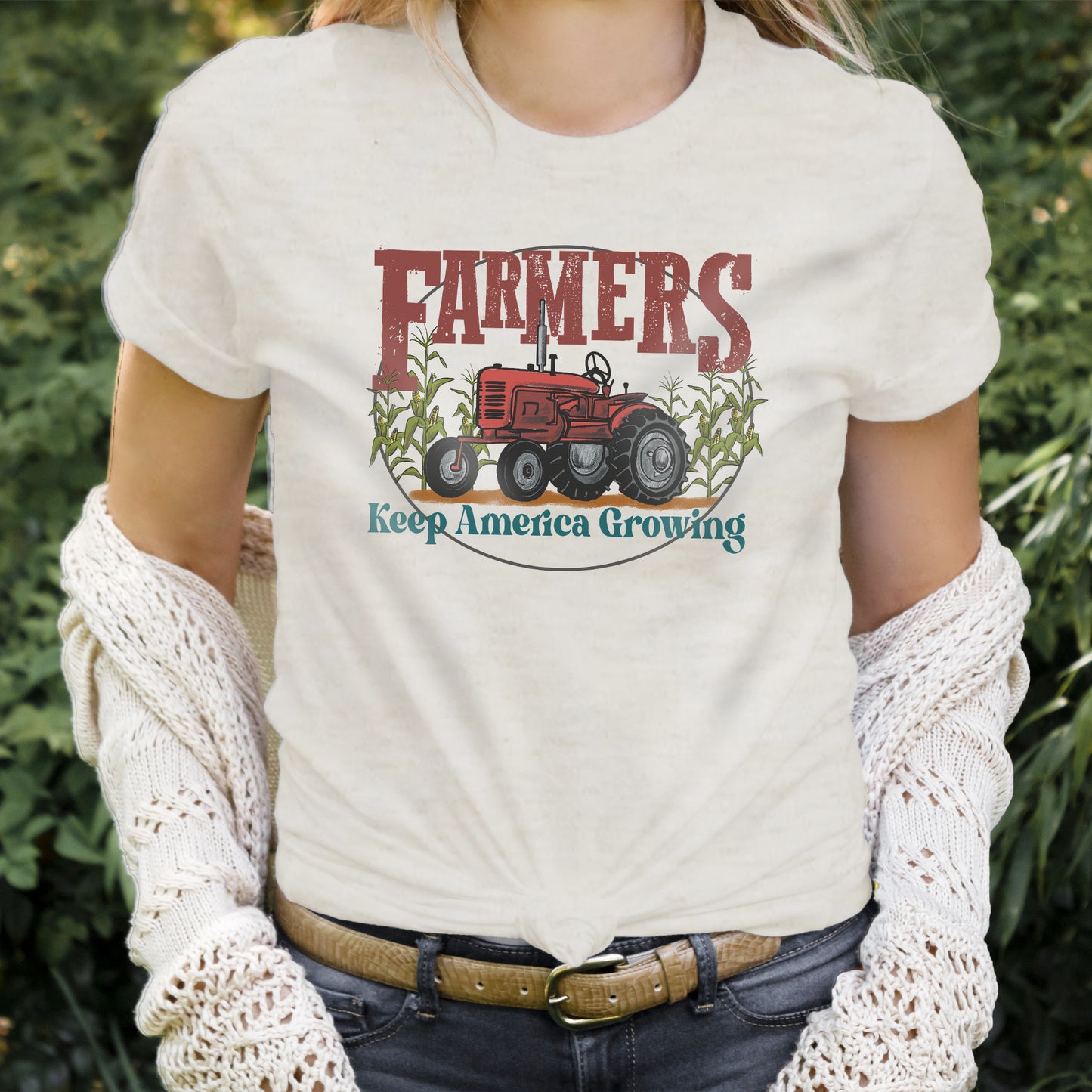 ADULT "Farmers Keep America Growing" Beige T-shirt with Red Tractor