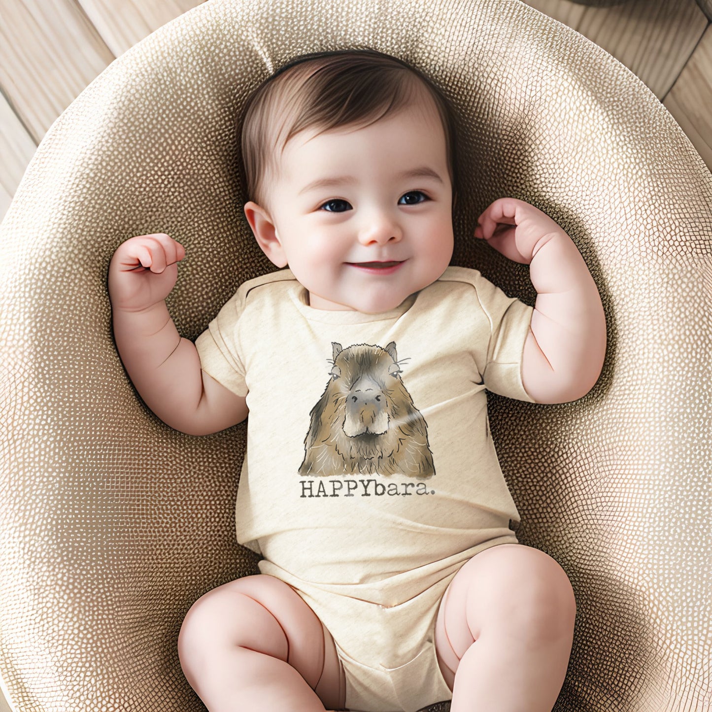 "HAPPYbara" Capybara Quirky Beige Baby Body Suit