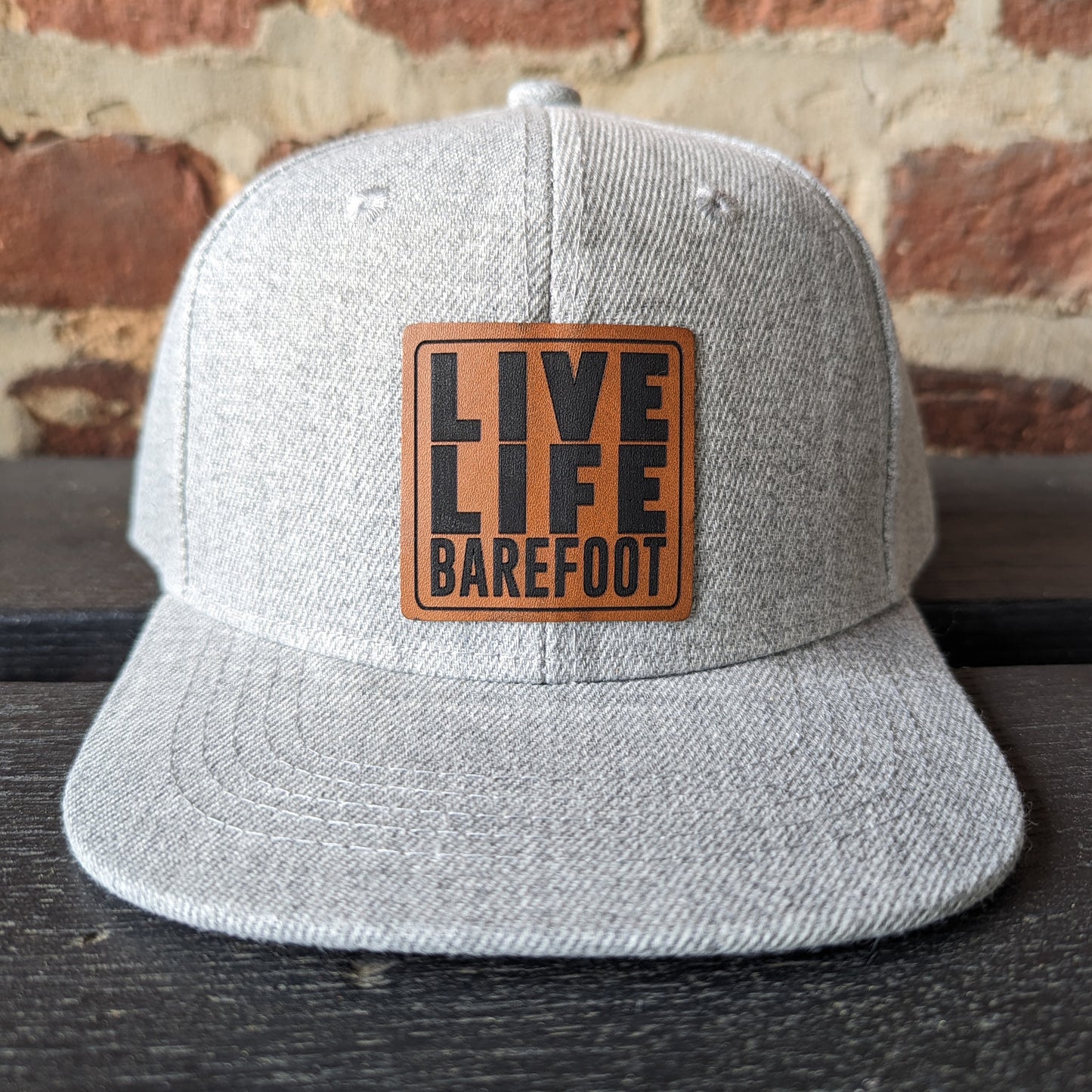 "Live life Barefoot" Heather Grey mesh Adjustable Snapback hat with leather patch