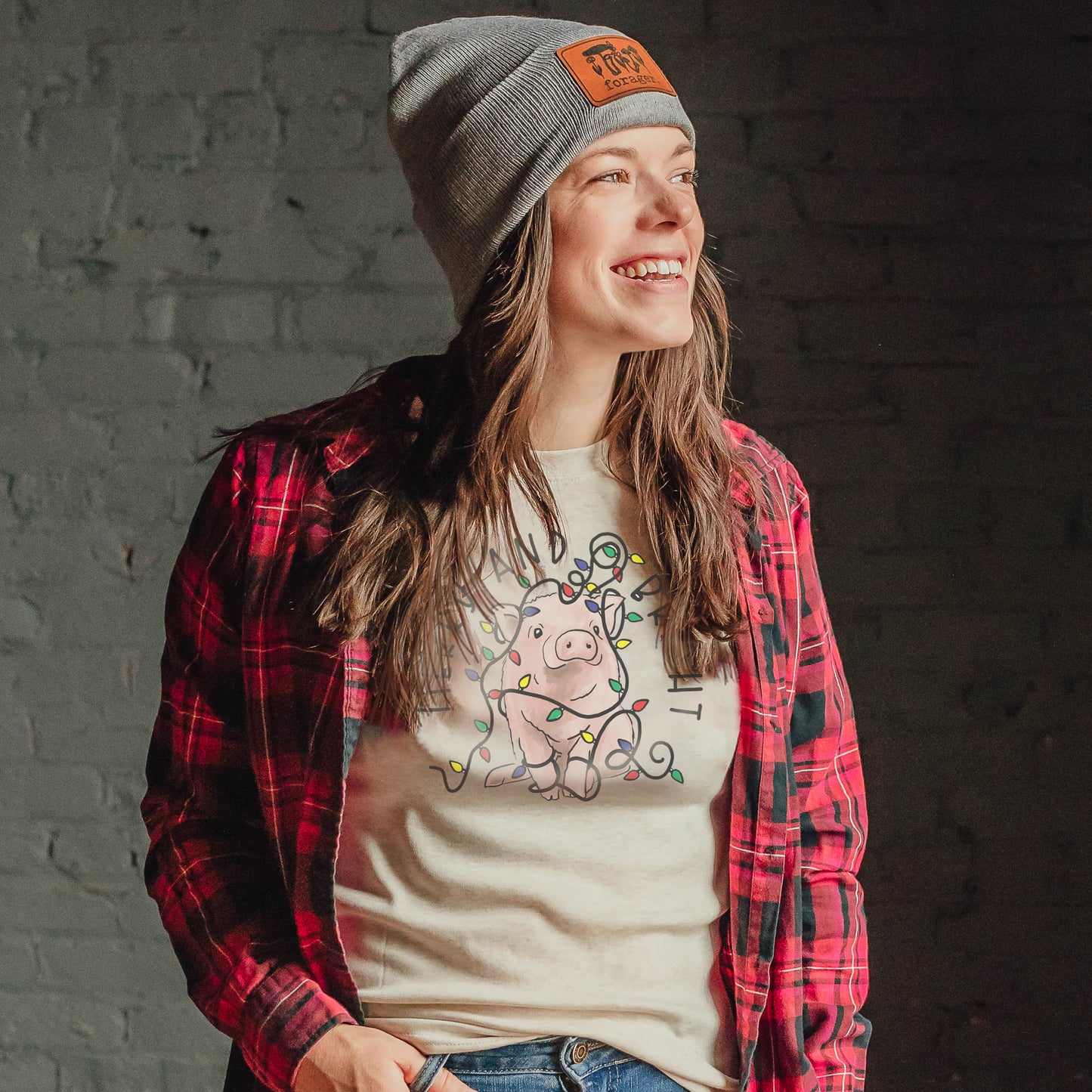 "Merry & Bright" Pig Country Western Christmas Mommy & Me ADULT size tee