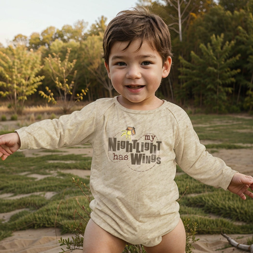 "My Nightlight has Wings" Beige Camping Baby Body Suit