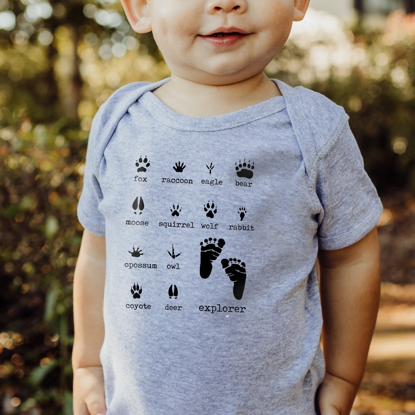 "Explorer" Woodland animal grey baby body suit