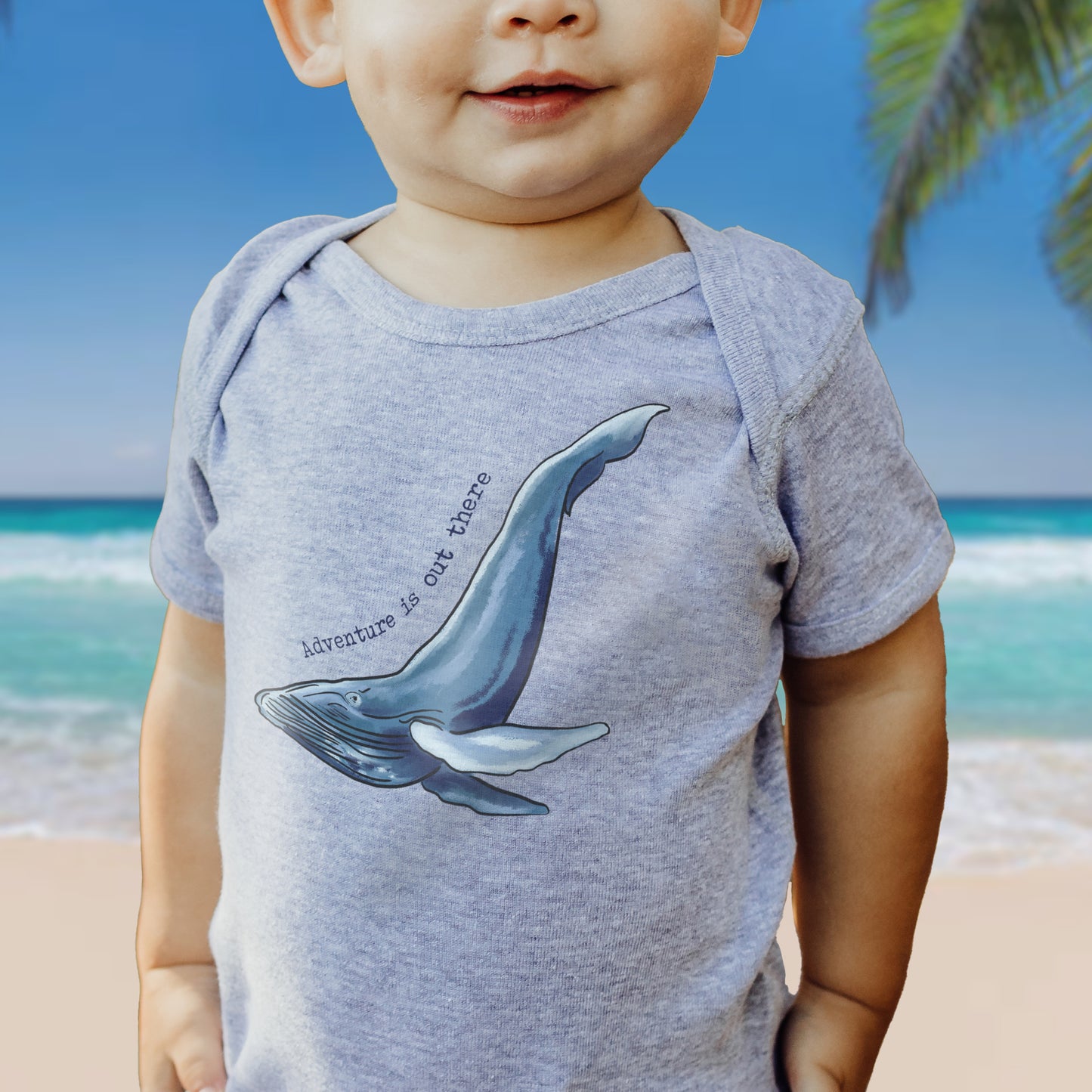 "Adventure is out there" WHALE Ocean Beach Grey Baby Body Suit