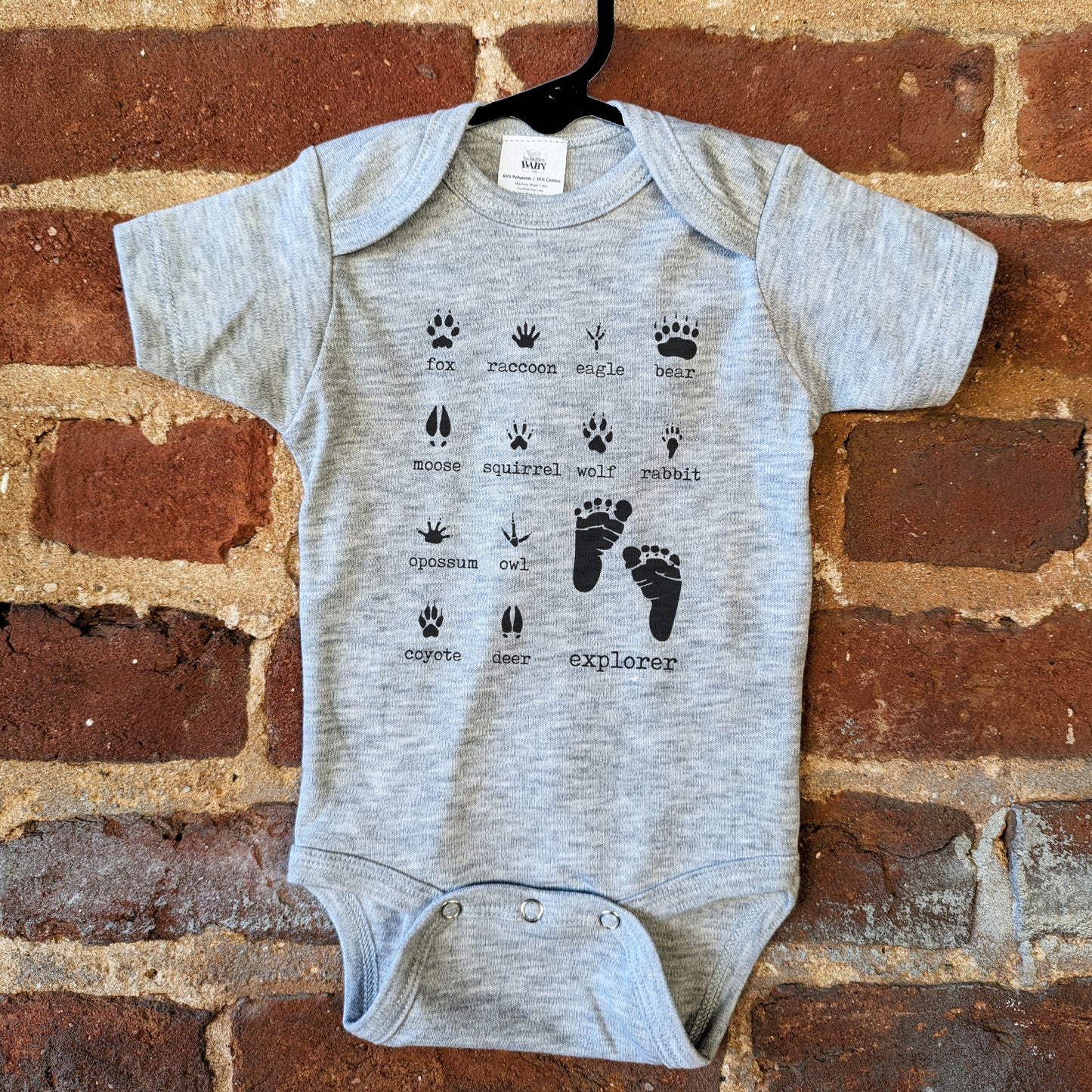 "Explorer" Woodland animal grey baby body suit