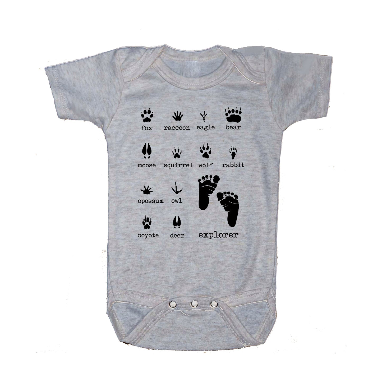 "Explorer" Woodland animal grey baby body suit