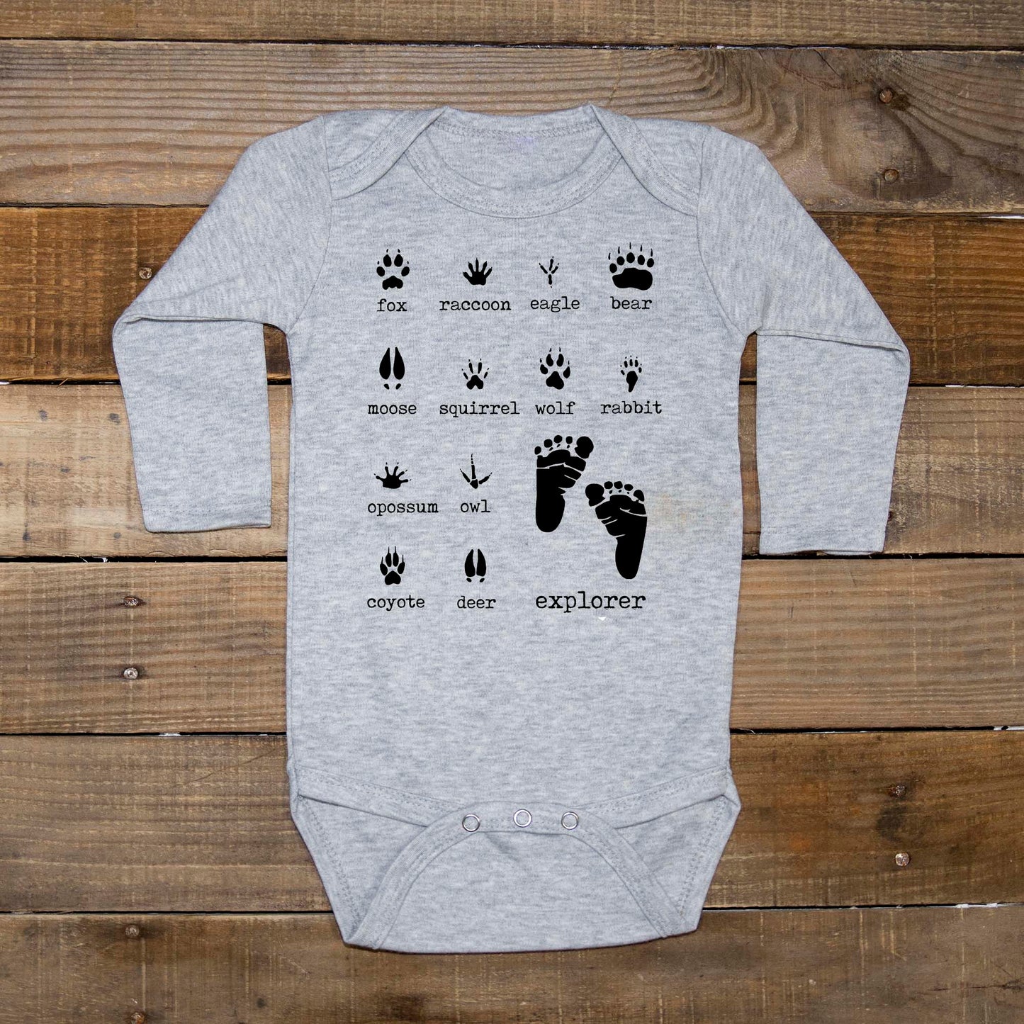 "Explorer" Woodland animal grey baby body suit