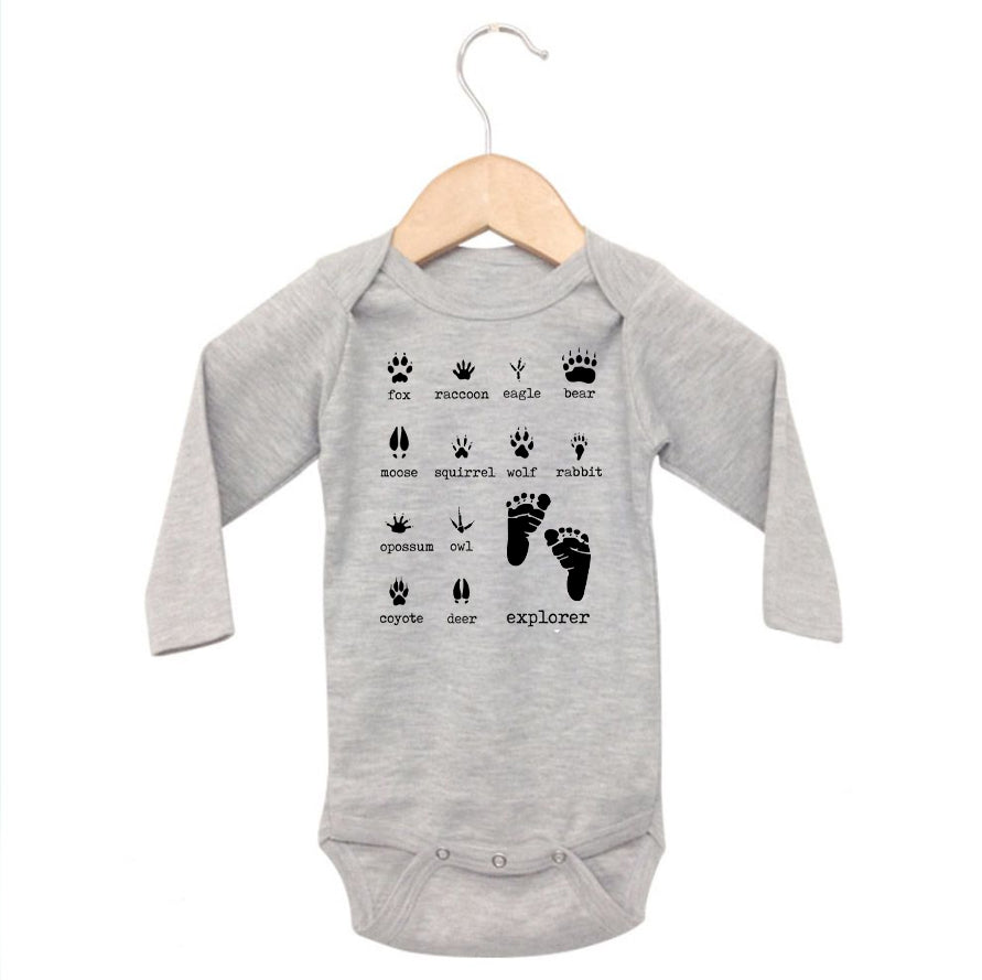 "Explorer" Woodland animal grey baby body suit