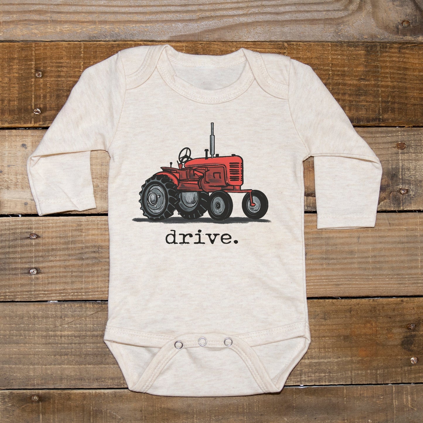 "Drive" Red Tractor Beige Baby Body suit