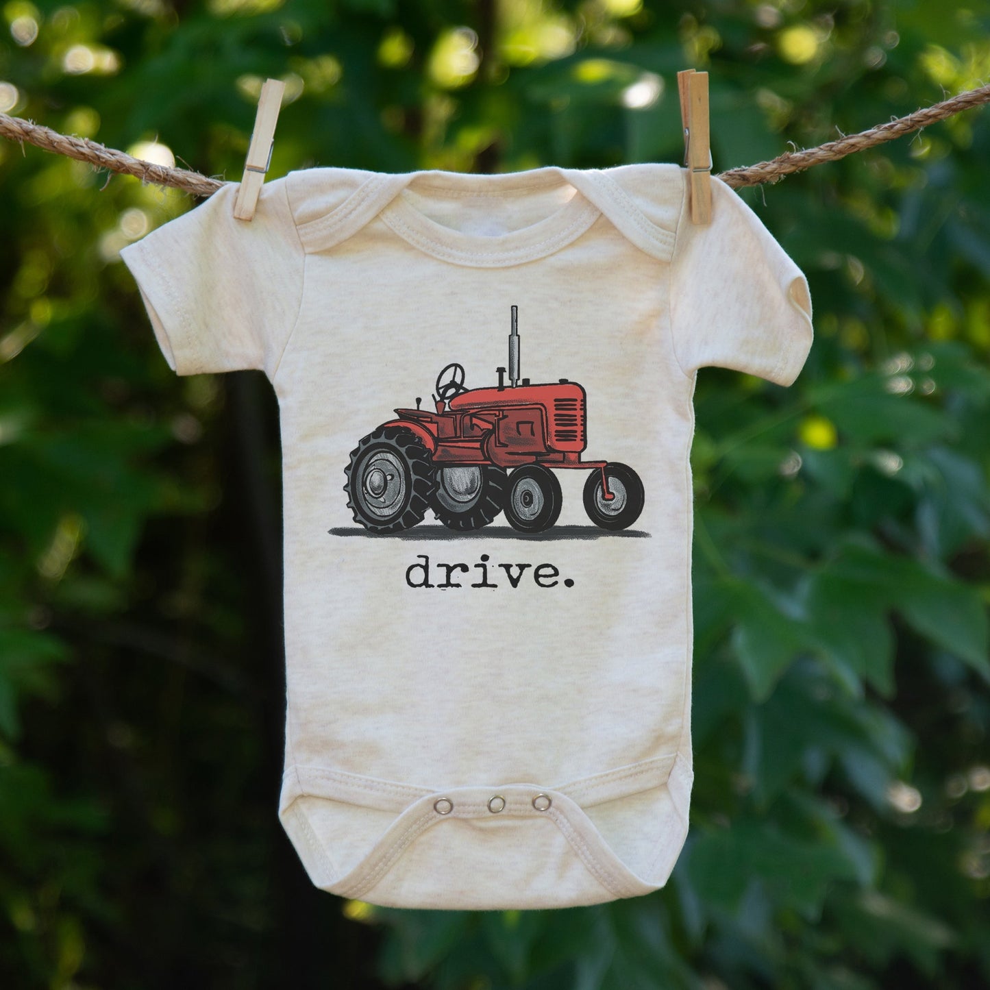 "Drive" Red Tractor Beige Baby Body suit