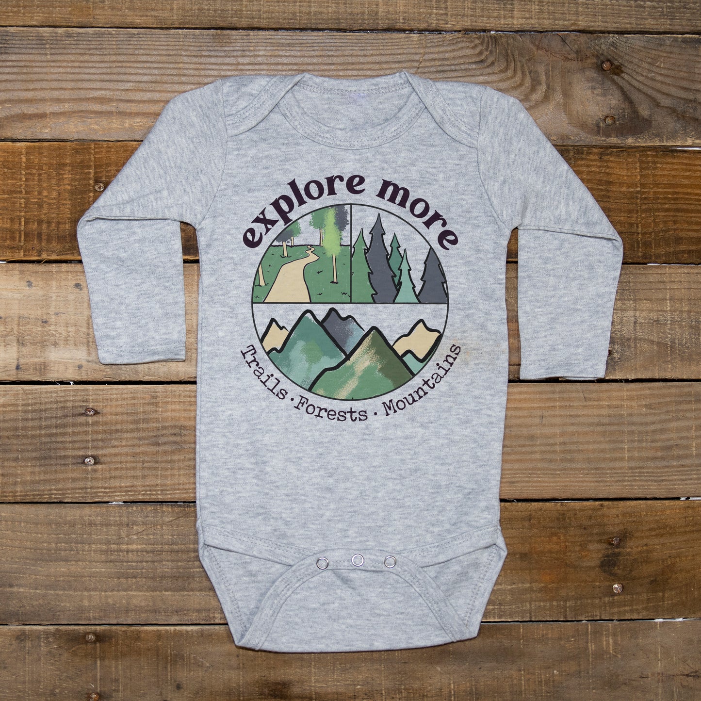 "Explore More" Grey Baby Body Suit