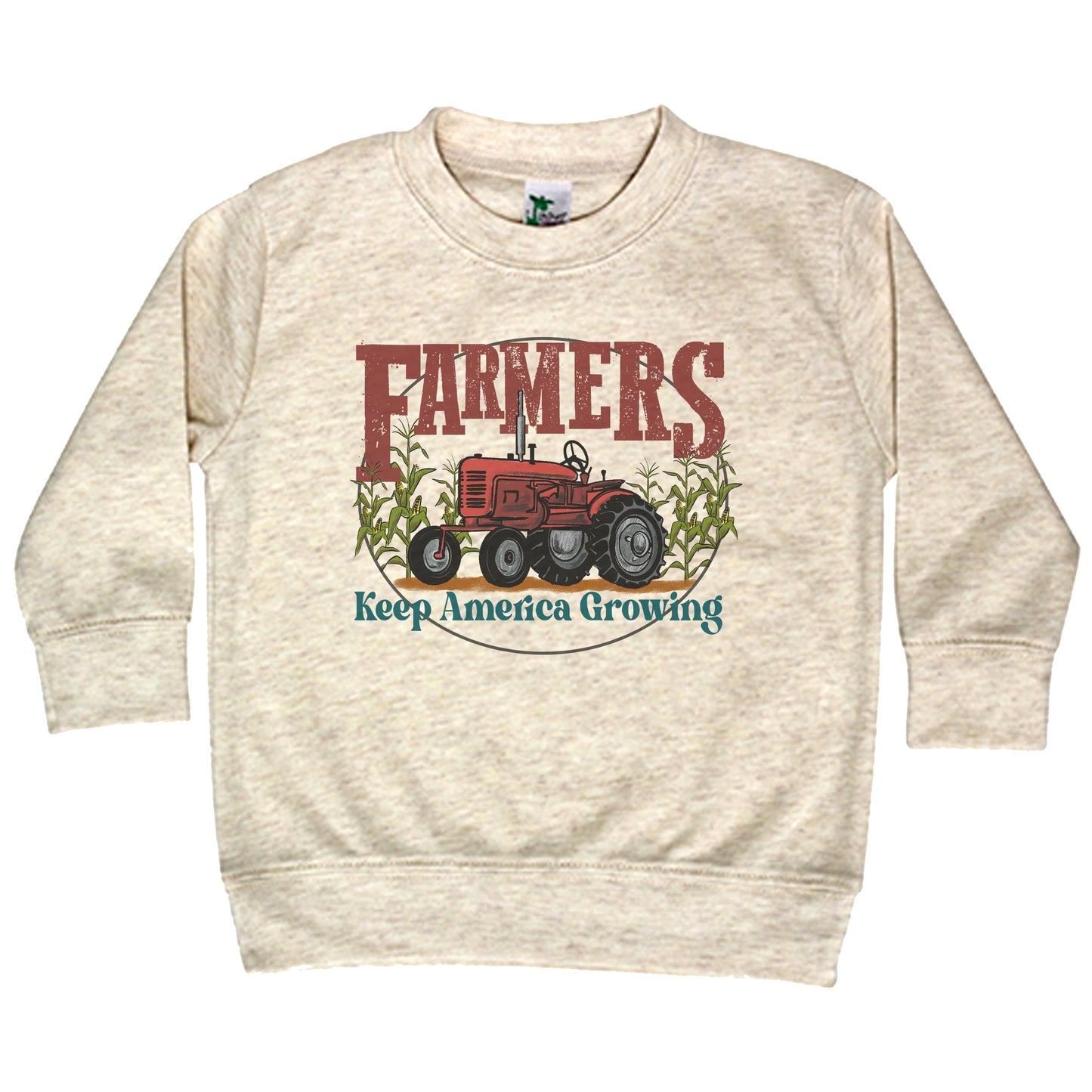 "Farmers keep America growing" Beige Toddler/Youth Long Sleeve shirt, Red tractor