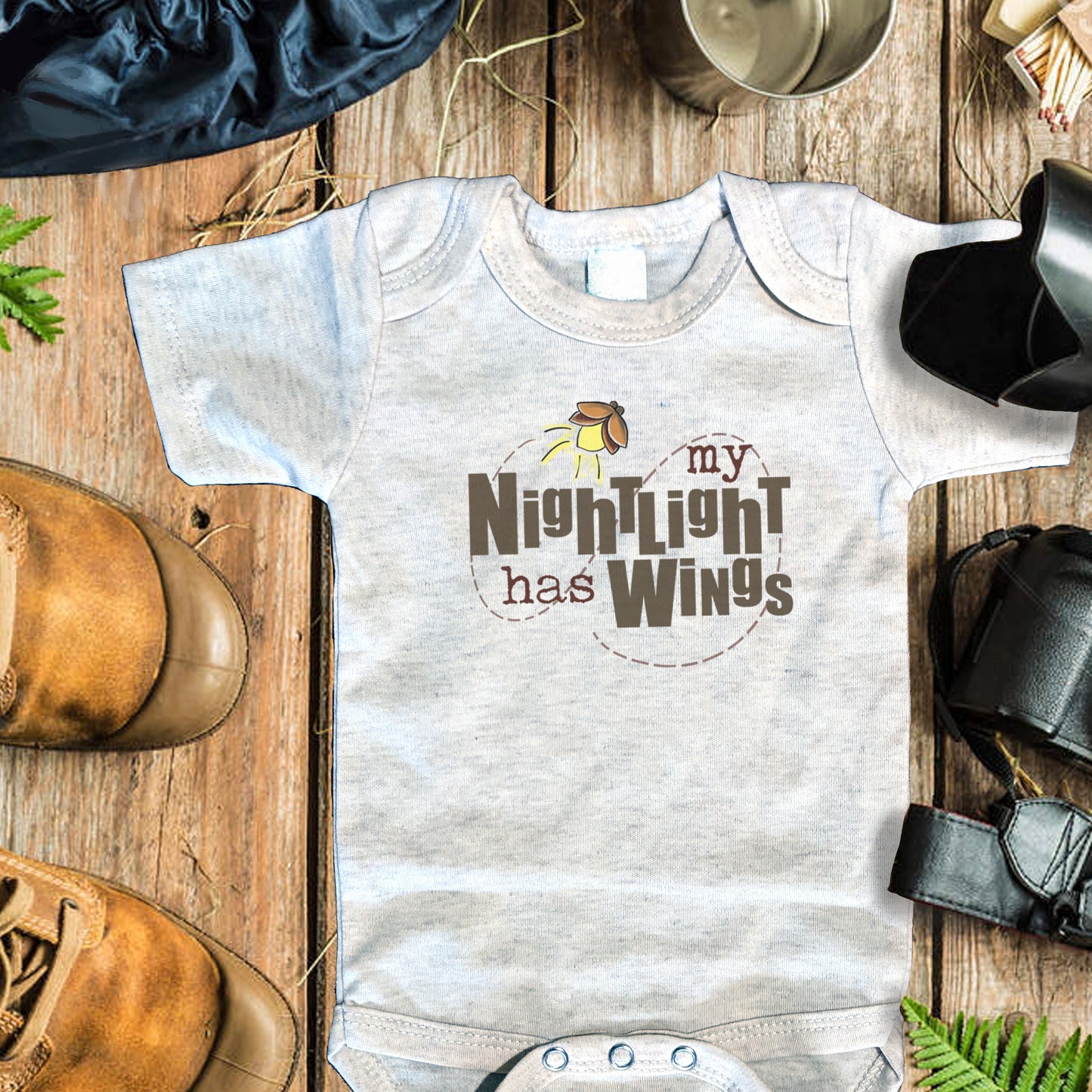 "My Nightlight has Wings" Beige Camping Baby Body Suit