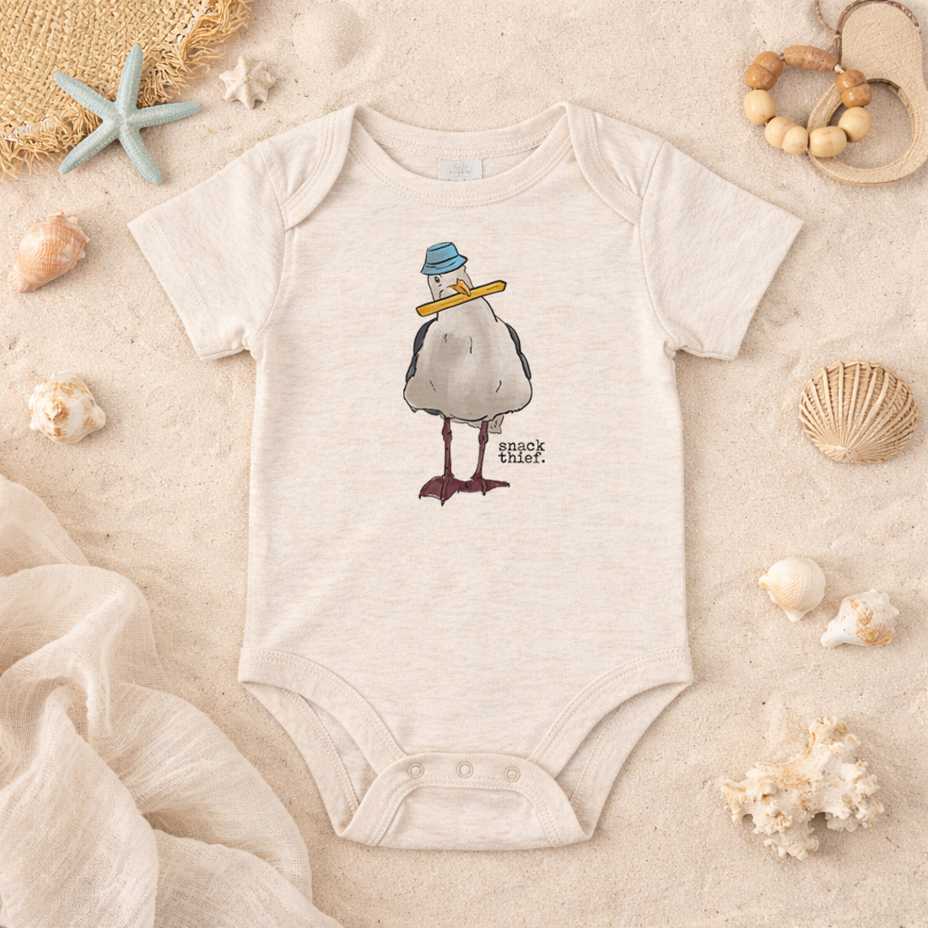 "Snack Thief" Sea Gull Beach Baby Body Suit