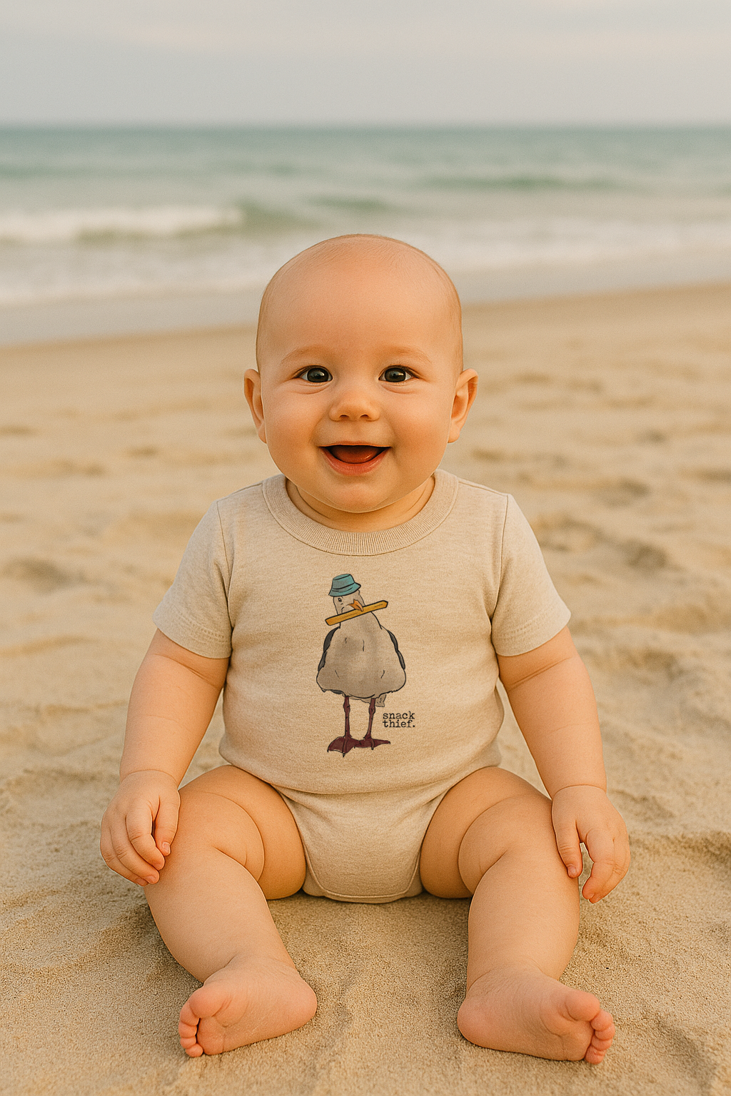 "Snack Thief" Sea Gull Beach Baby Body Suit