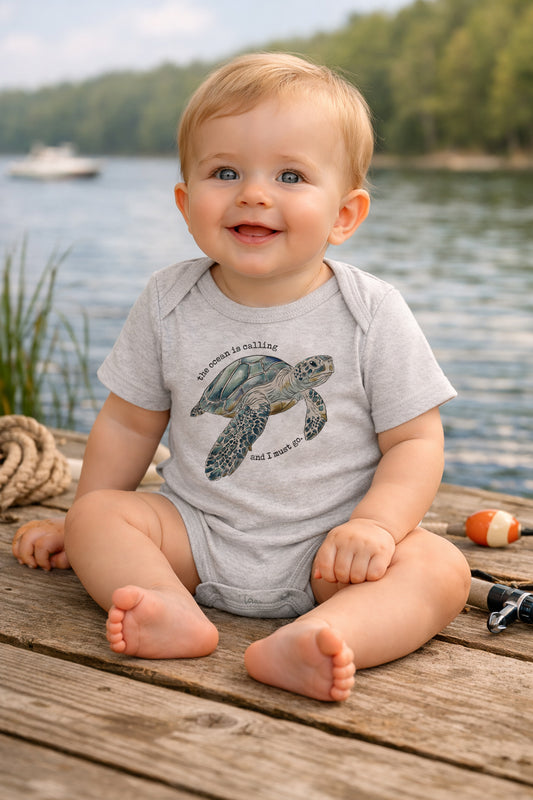 "The Ocean is calling" Sea Turtle Ocean Beach Grey Baby Body Suit