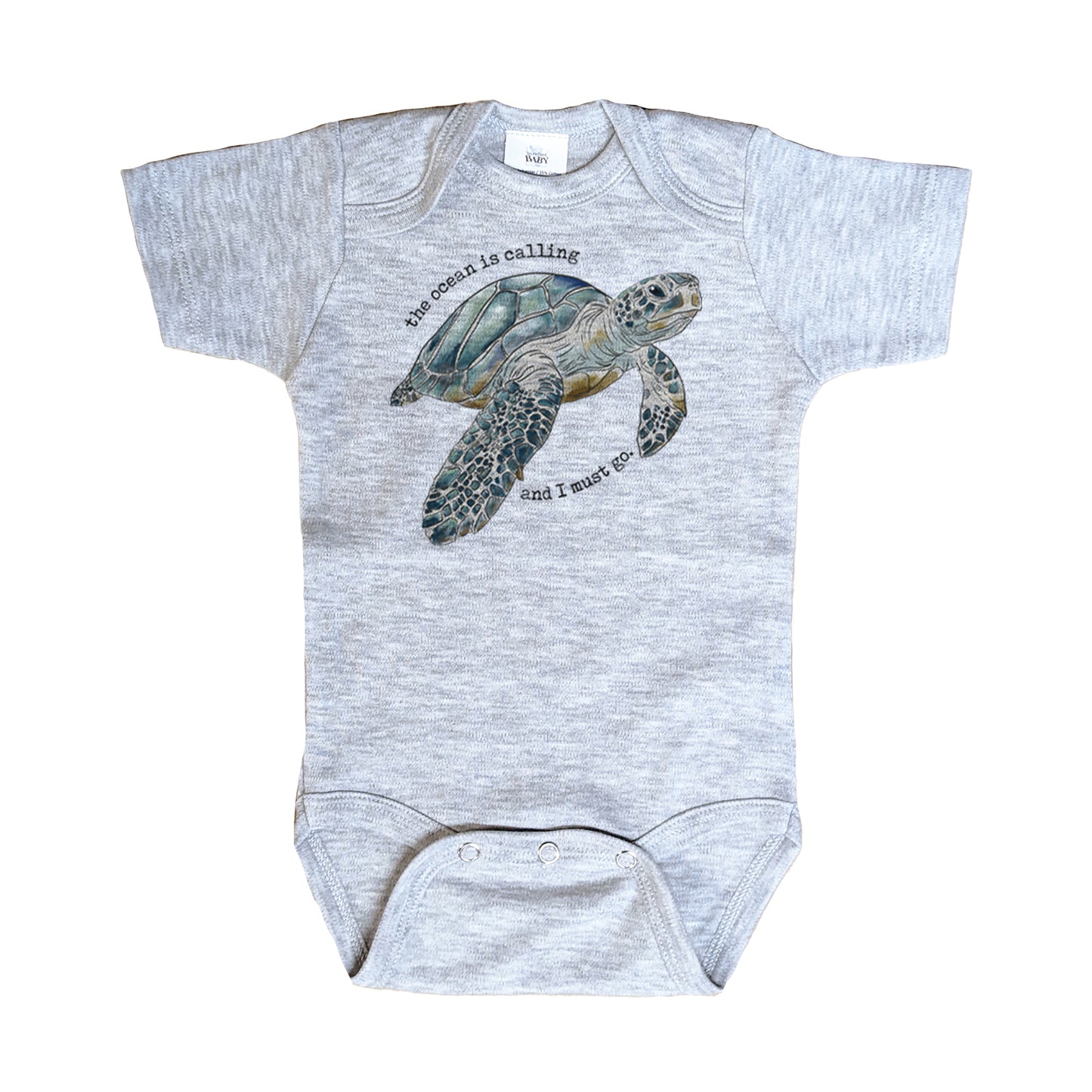 "The Ocean is calling" Sea Turtle Ocean Beach Grey Baby Body Suit