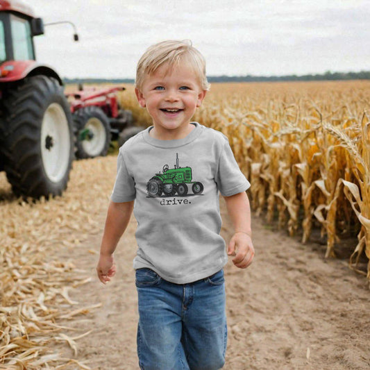 "Drive" Green Tractor Tee in Grey