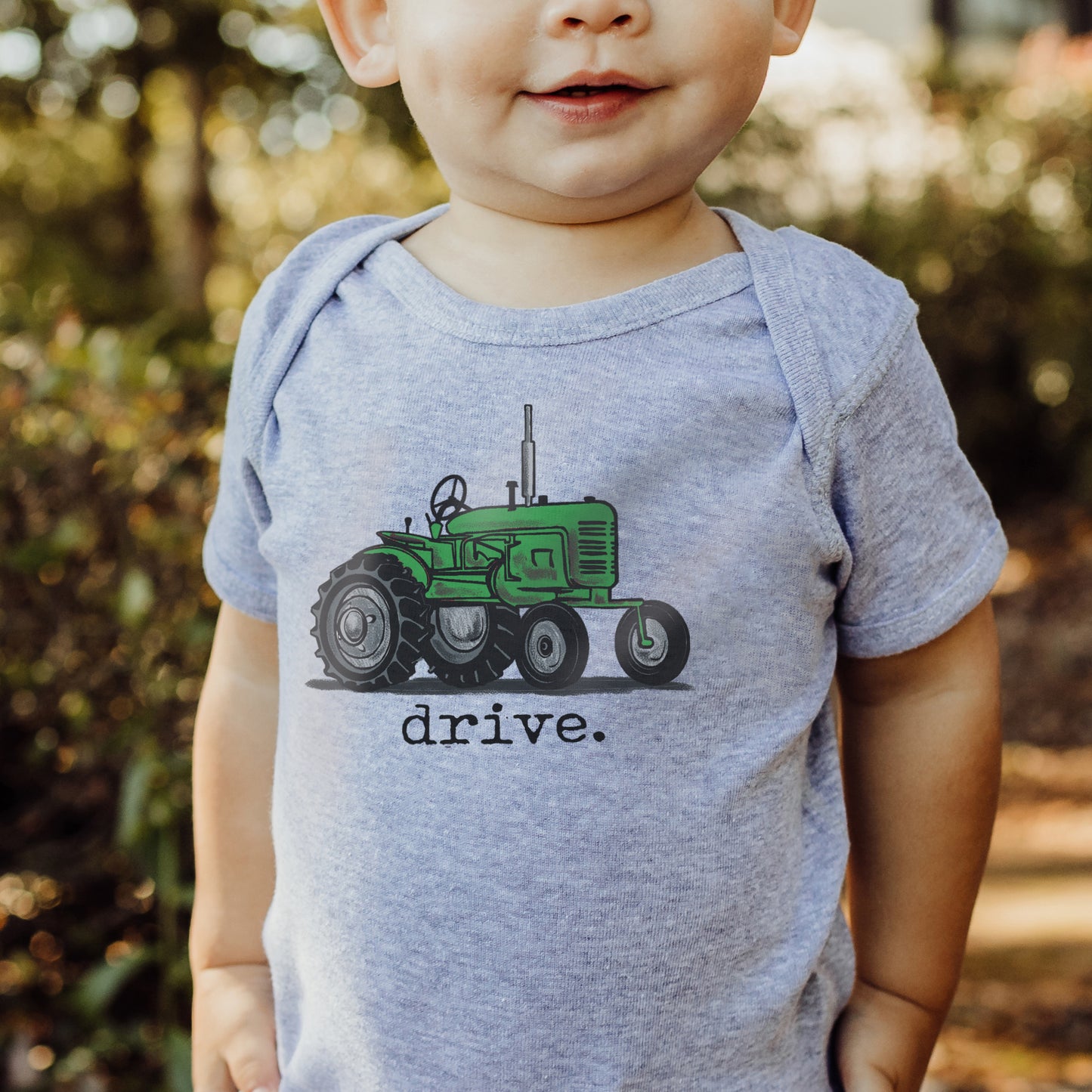 "Drive" Green tractor Grey Body suit