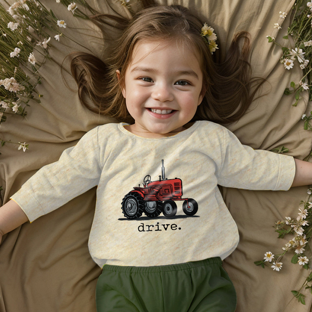 "Drive" Red Tractor Toddler/Youth Beige Long Sleeve Shirt