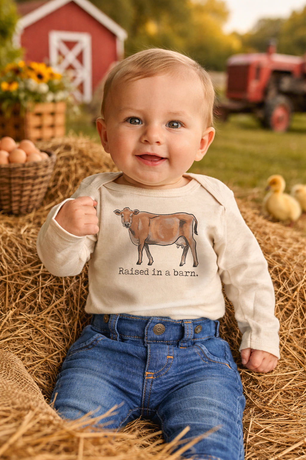 "Raised in a barn" Cow Baby Body Suit
