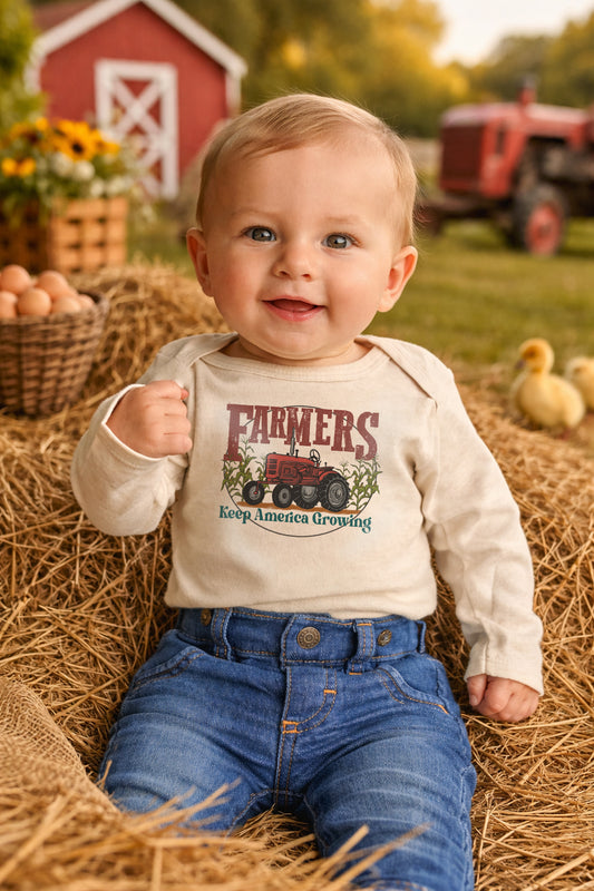 "Farmers keep America growing" Beige Farm baby red tractor  outfit