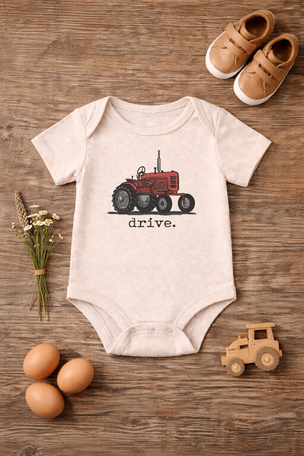 "Drive" Red Tractor Beige Baby Body suit