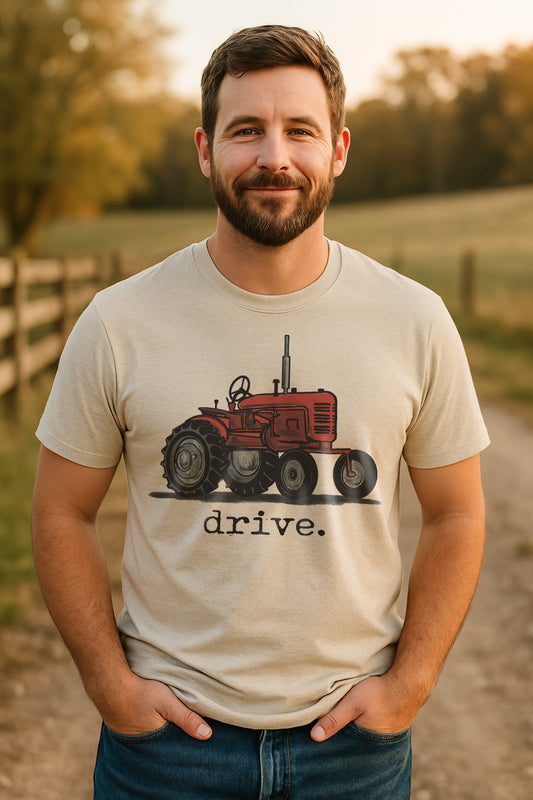 Adult "drive" Red Tractor Short or Long Sleeve Shirt