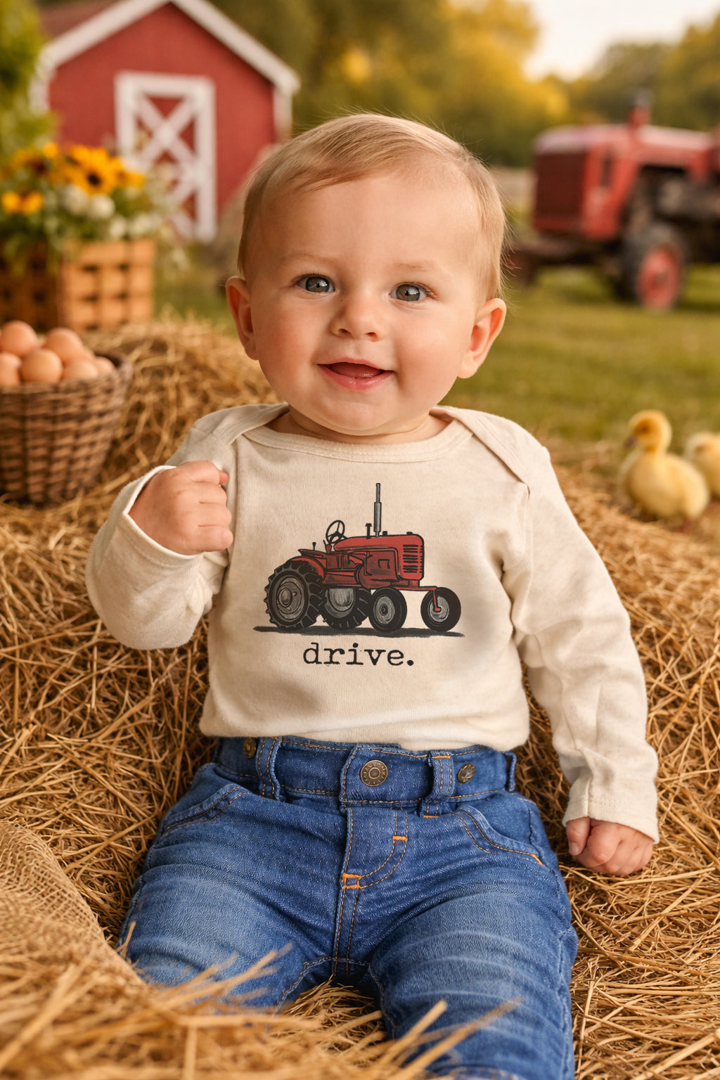 "Drive" Red Tractor Beige Baby Body suit