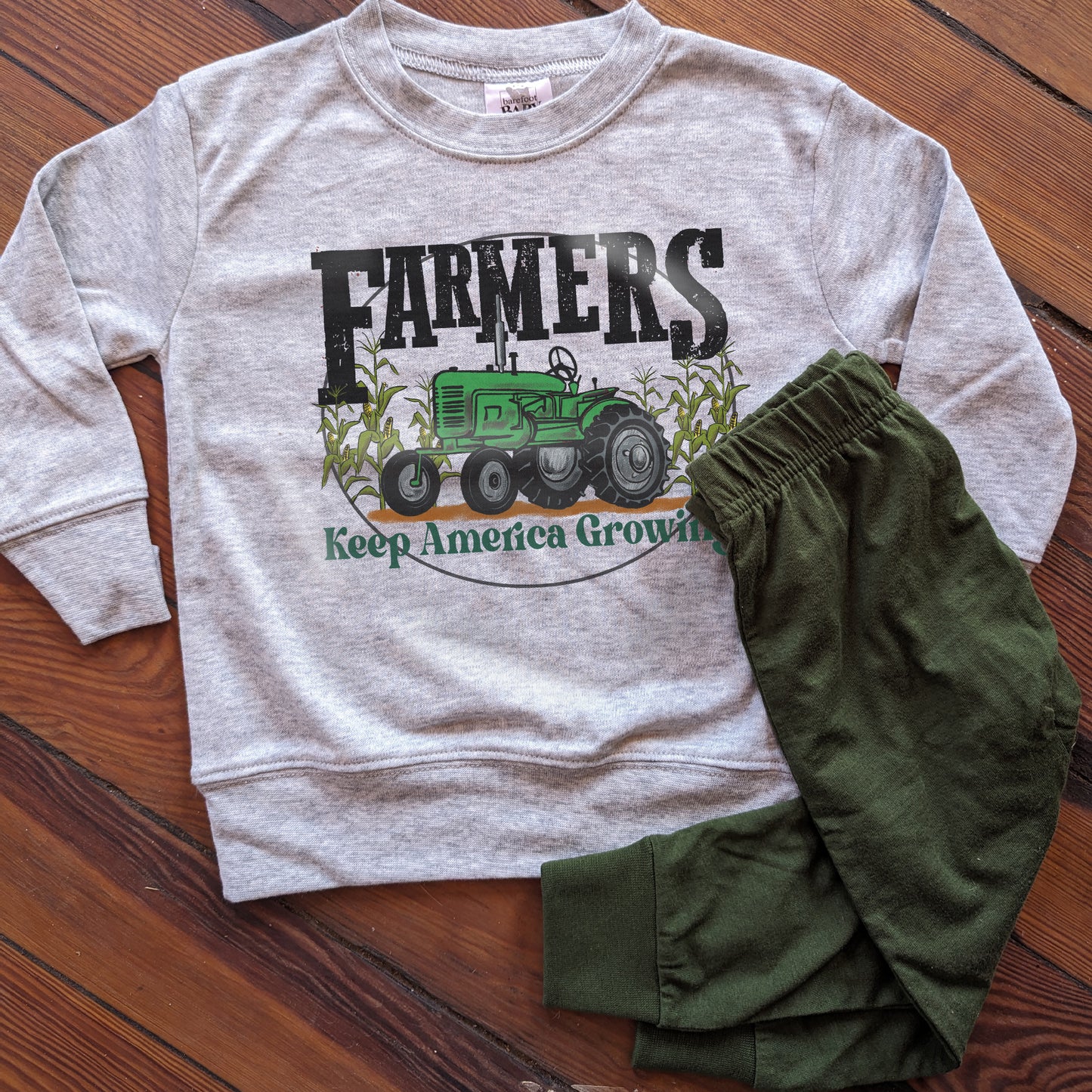 Green Tractor "Farmers keep America growing" Grey Long Sleeve