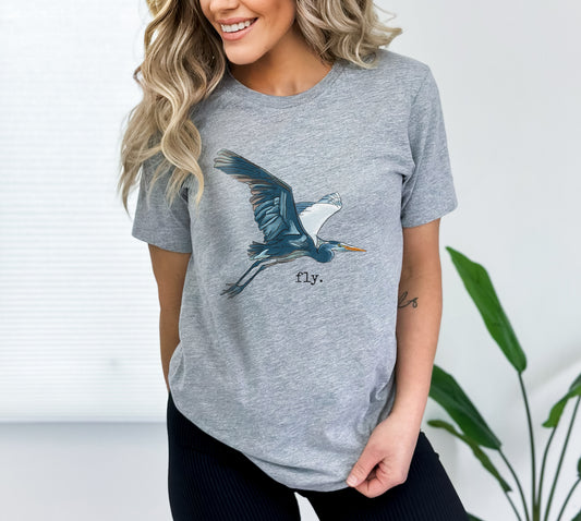 "Fly" Blue Heron ADULT Summer at the Lake T-Shirt