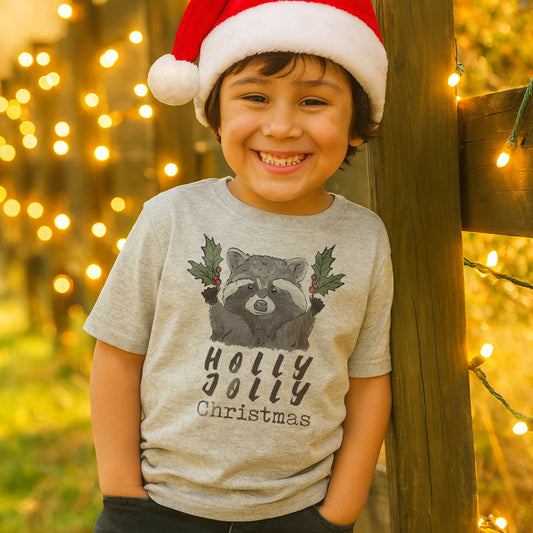 "Have a Holly Jolly Christmas" Woodland Raccoon Holiday Kid Tee