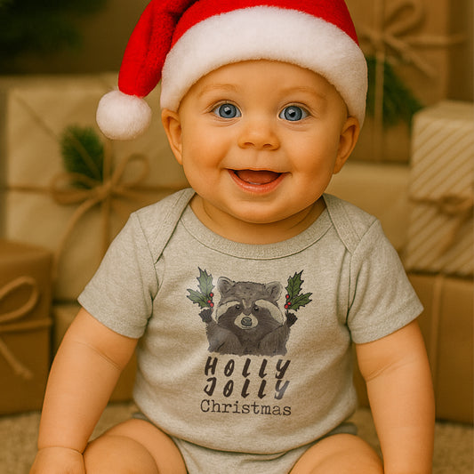 "Have a Holly Jolly Christmas" Woodland Raccoon Baby Body Suit