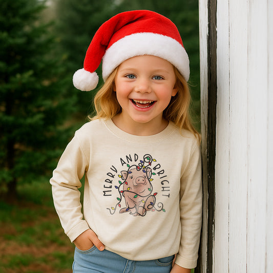 "Merry & Bright" Pig Country Western Kid Christmas 2024 Long Sleeve Shirt