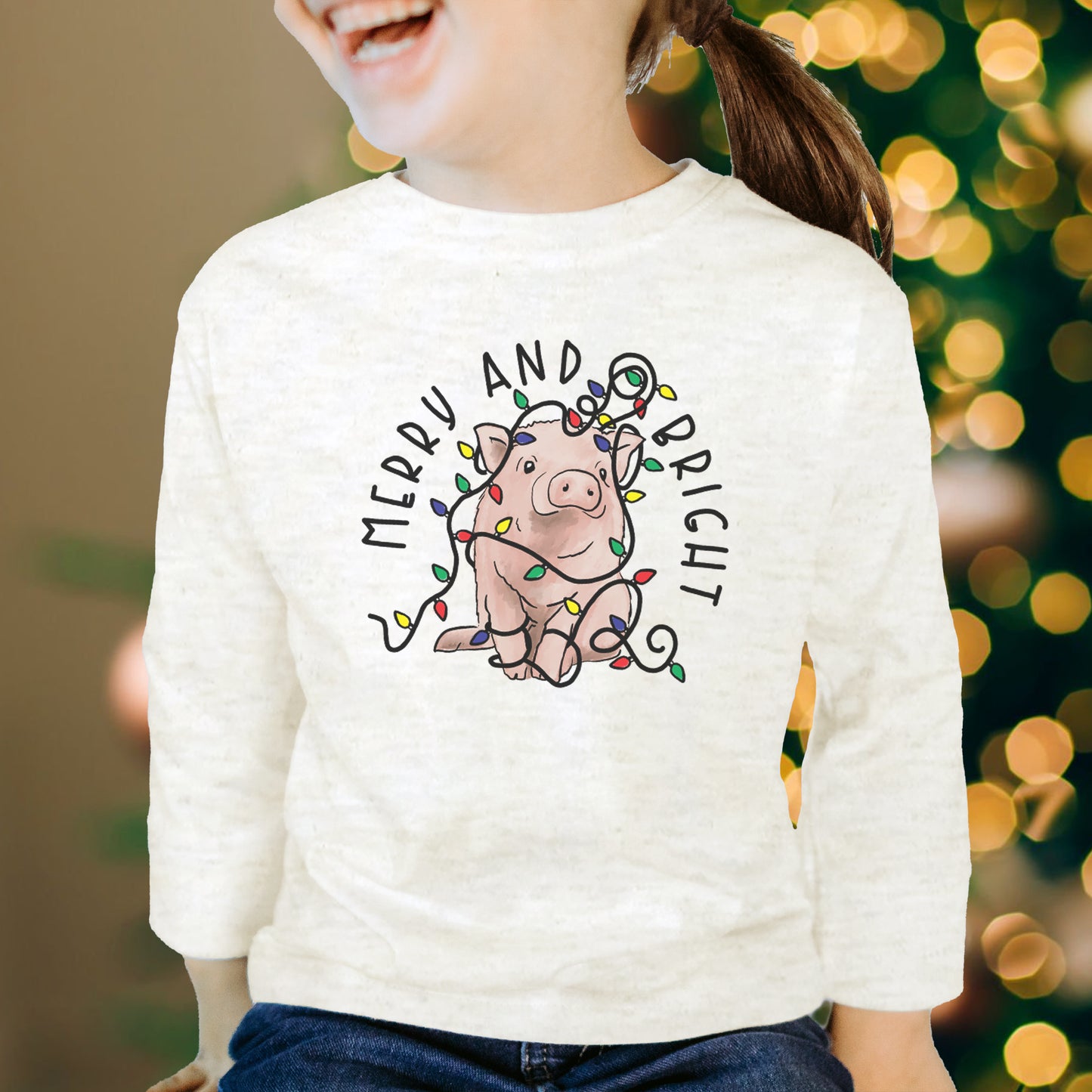 "Merry & Bright" Pig Country Western Kid Long Sleeve tee