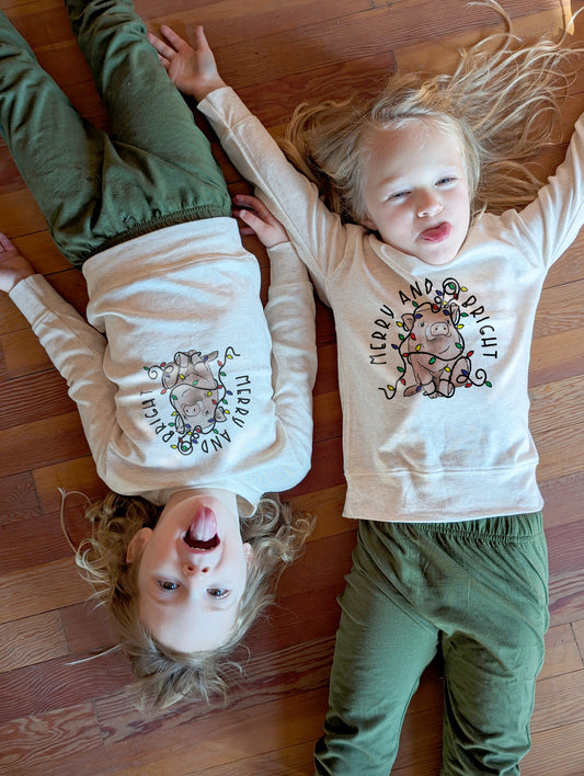 "Merry and Bright" Christmas Pig Sleep N' Play Set | Ages 2T-5T Includes Shirt & Joggers