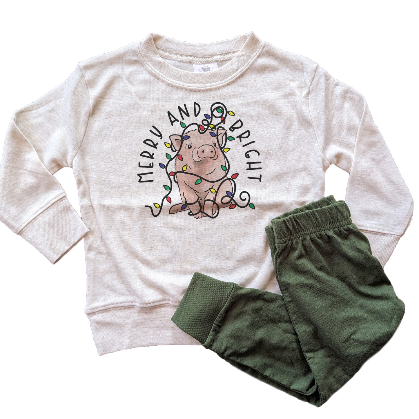 "Merry and Bright" Christmas Pig Sleep N' Play Set | Ages 2T-5T Includes Shirt & Joggers