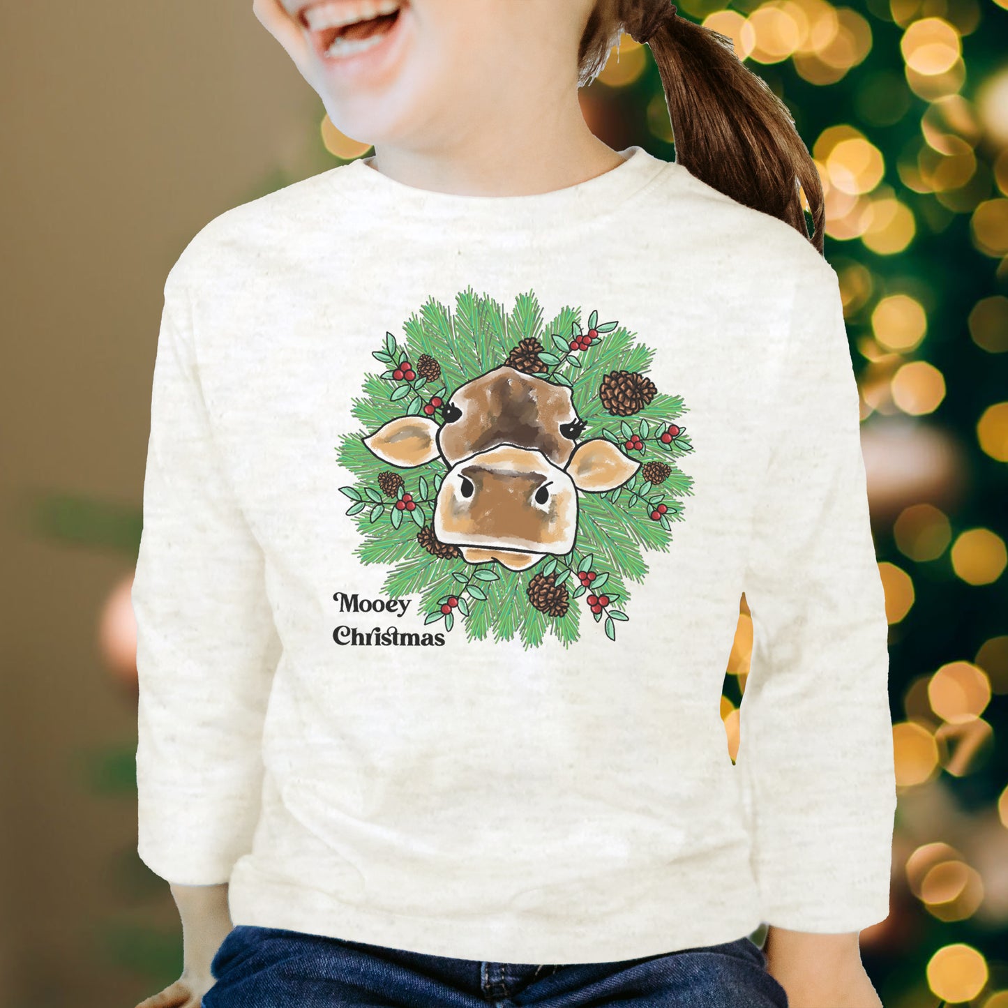 "Mooey Christmas" Country Western Cow Kid Long Sleeve tee