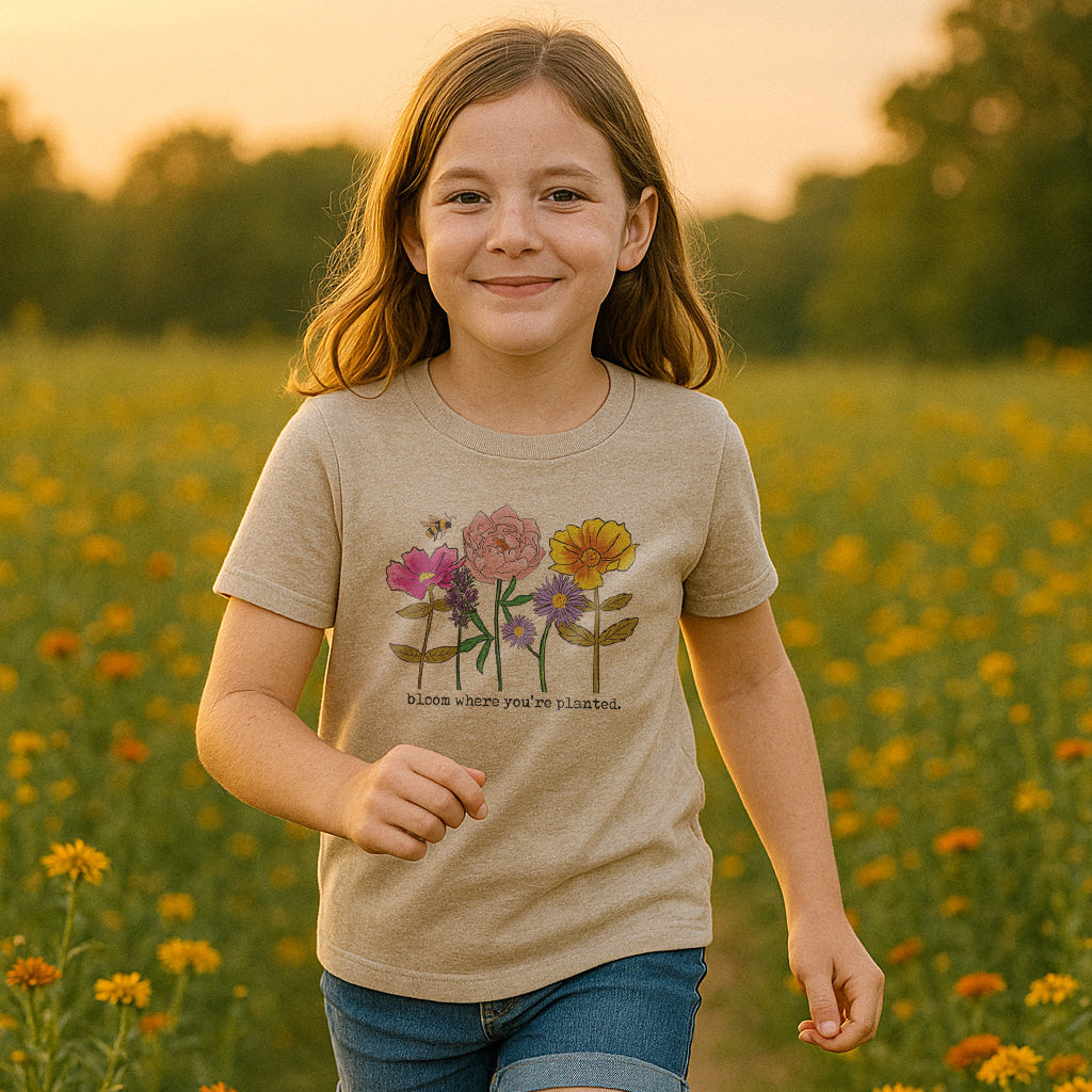 "Bloom where you're planted" Youth Kids Wildflower Nature T-shirt