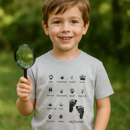 "Explorer" Woodland animal Paw Prints Grey shirt