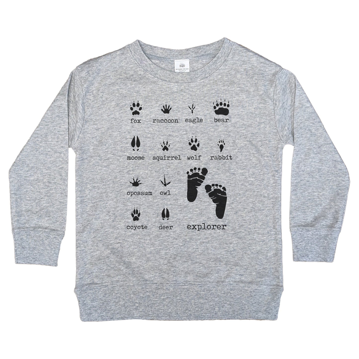 "Explorer" Woodland animal Paw Prints Long Sleeve Grey shirt
