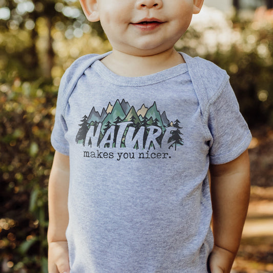 "Nature Makes you Nicer" Baby Boy Mountain Body Suit