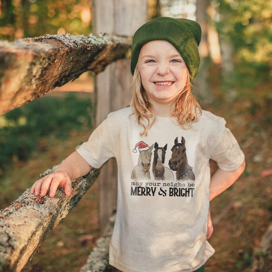 "May Your Neighs be Merry & Bright" Country Western Horse Kid Christmas 2024 tee
