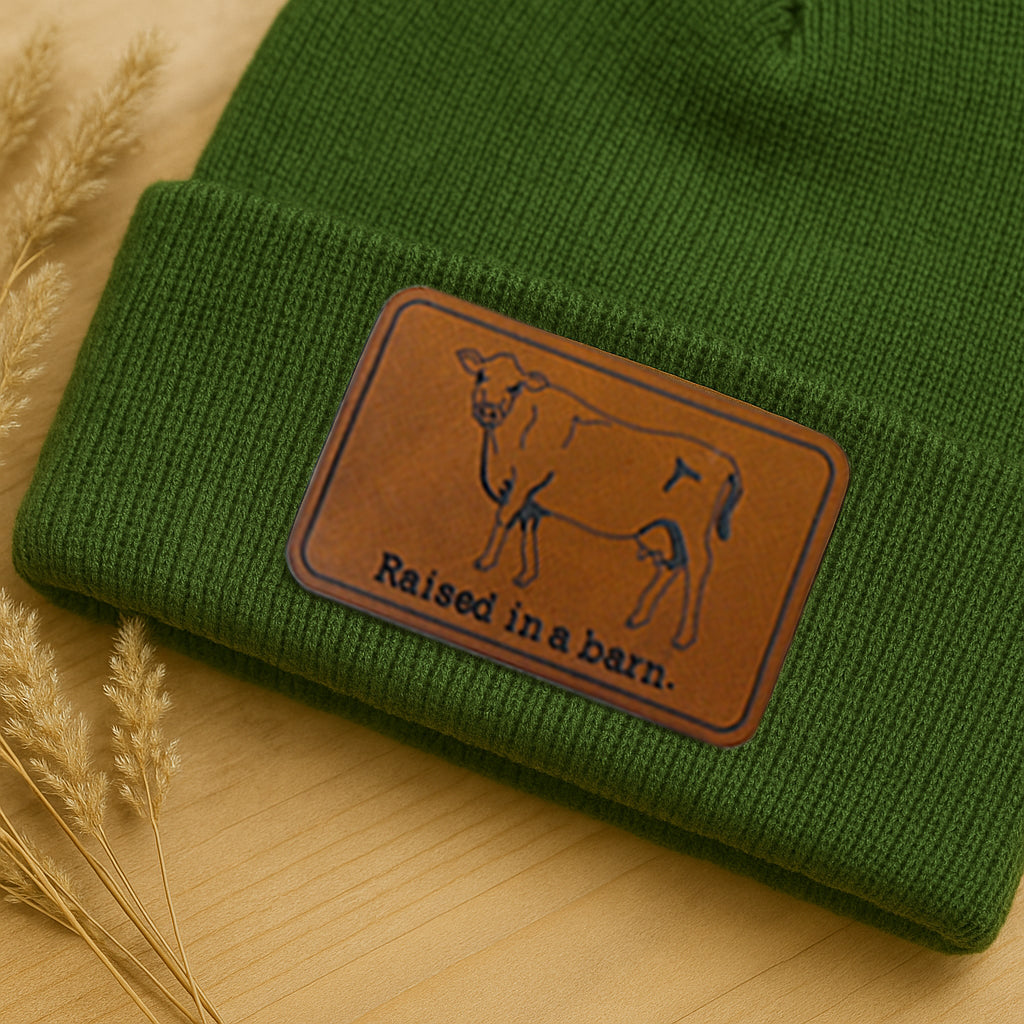 "Raised in a Barn" COW, Farm Life Country Kid Beanie Hat | One Size Fits All | FOUR Color Options