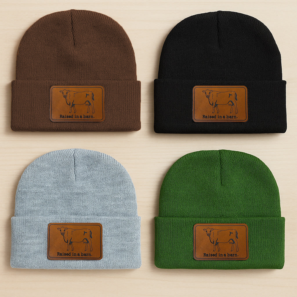 "Raised in a Barn" COW, Farm Life Country Kid Beanie Hat | One Size Fits All | FOUR Color Options