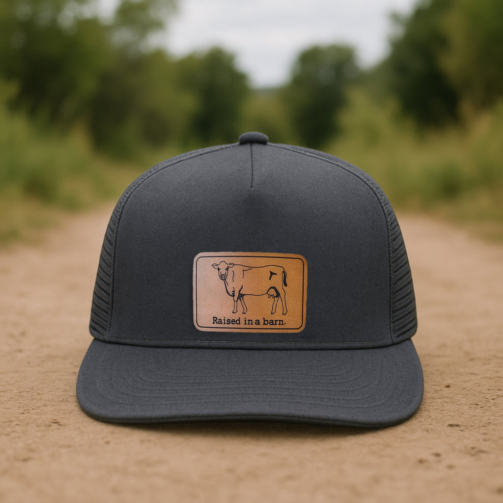 "Raised in a barn" Cow Trucker Hat | FOUR Color Options