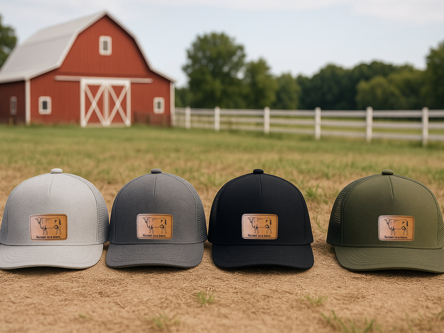 "Raised in a barn" Cow Trucker Hat | FOUR Color Options