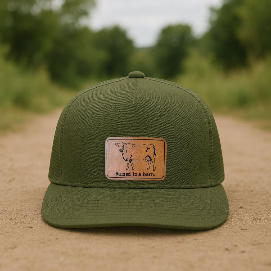 "Raised in a barn" Cow Trucker Hat | FOUR Color Options