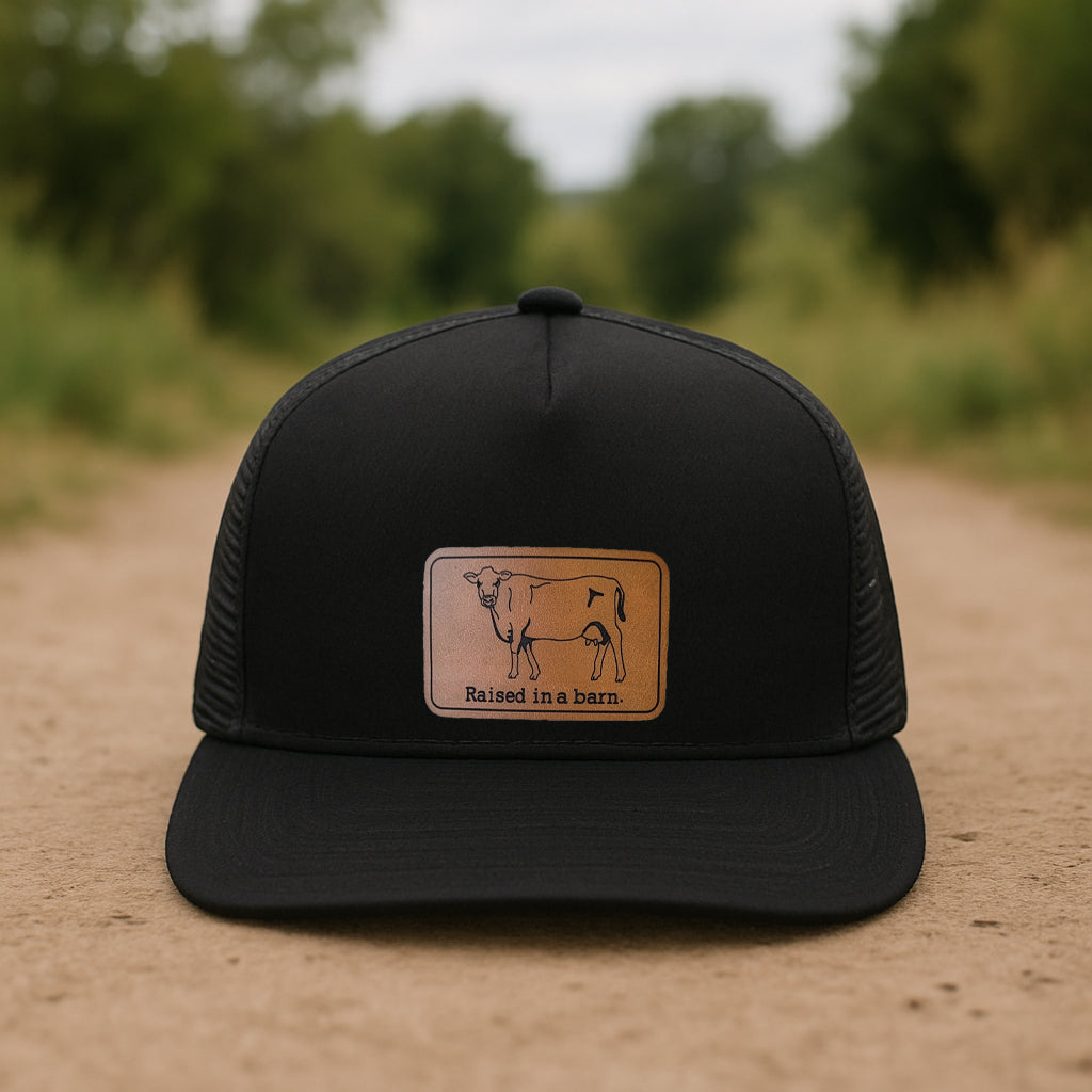 "Raised in a barn" Cow Trucker Hat | FOUR Color Options